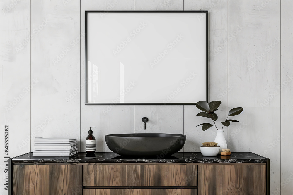 Fototapeta premium Modern bathroom interior with black sink, blank horizontal poster, and wooden countertop. Minimalist decor with potted plant, towels, and toiletry items on a marble surface. Flat lay mockup photograph