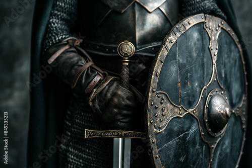 Medieval knight with sword and shield, close-up photo