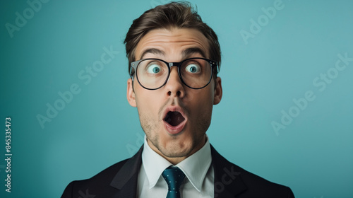 A man in a smart suit and glasses looks on in surprise, his eyes are wide open and his expression is one of pure shock.