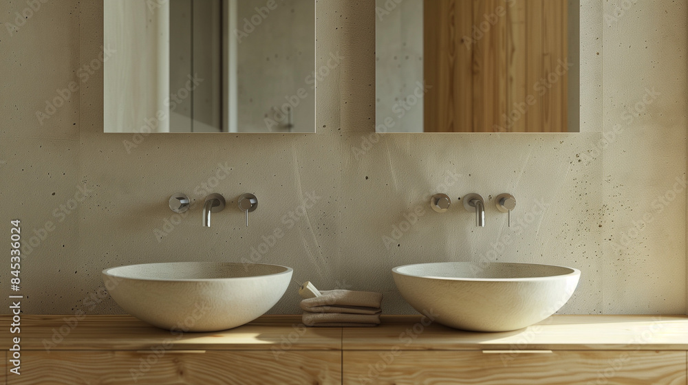 The minimalist bathroom is dominated by two bowl-type washbasins with wall-mounted taps and delicate wooden accents. The minimalist bathroom is dominated by two bowl-type washbasins with wall-mounted taps and delicate wooden accents.