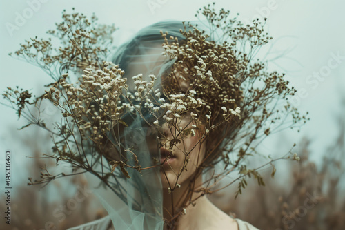 A woman obscures her face with a bouquet of dried flowers, emphasizing the natural, rustic beauty of the arrangement.  photo