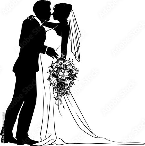 Bride and groom couple silhouettes. Woman in a bridal wedding dress