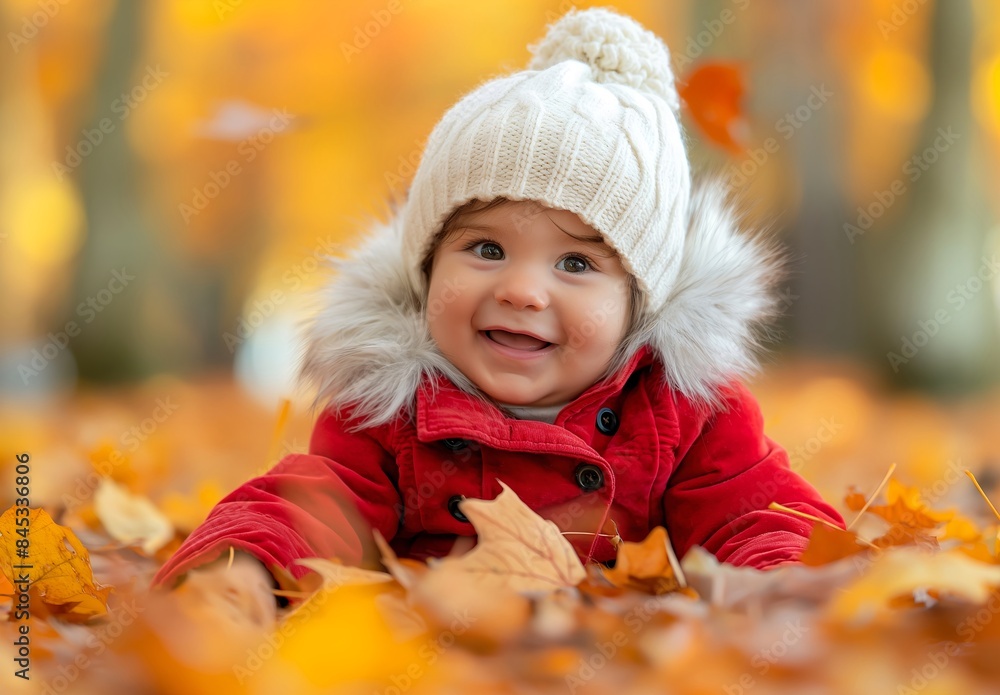 Cute happy smiling baby playing with autumn leaves on the ground, in a park, with yellow trees in the background, depicting the fall season concept. Cute happy smiling baby playing with autumn leaves on the ground, in a park, with yellow trees in the background, depicting the fall season concept.
