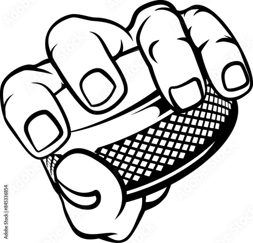 A hand holding an ice hockey puck cartoon design