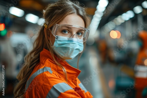 A woman in orange reflective workwear with safety glasses and a mask in an industrial setting