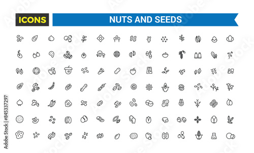 Nuts, seeds and beans icon set. Outline icons pack. Editable vector icon and illustration.