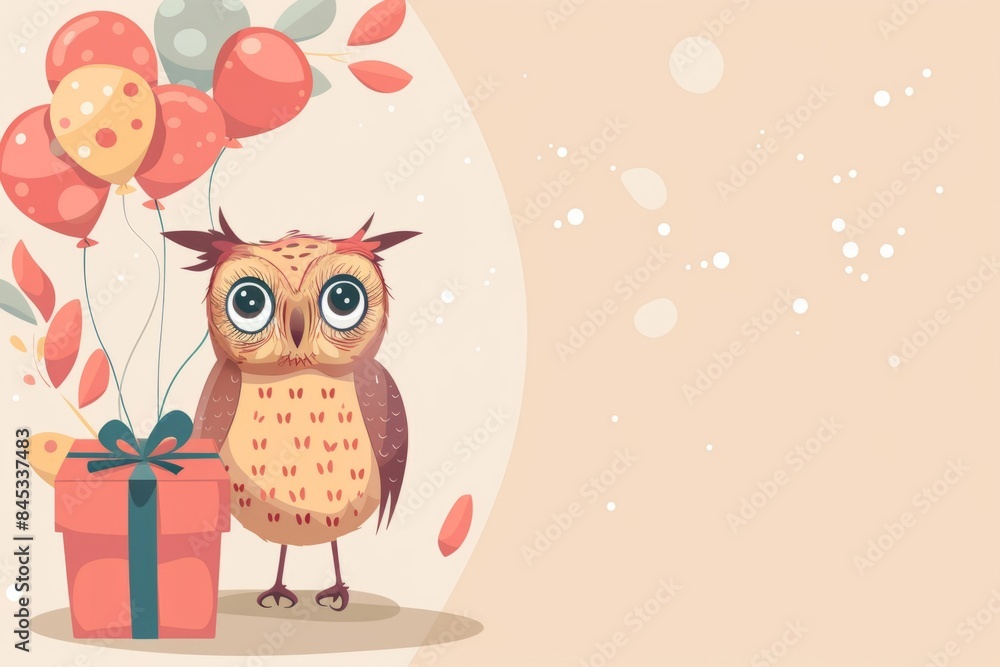 Cute cartoon owl with balloons and gifts Cute cartoon owl with balloons and gifts