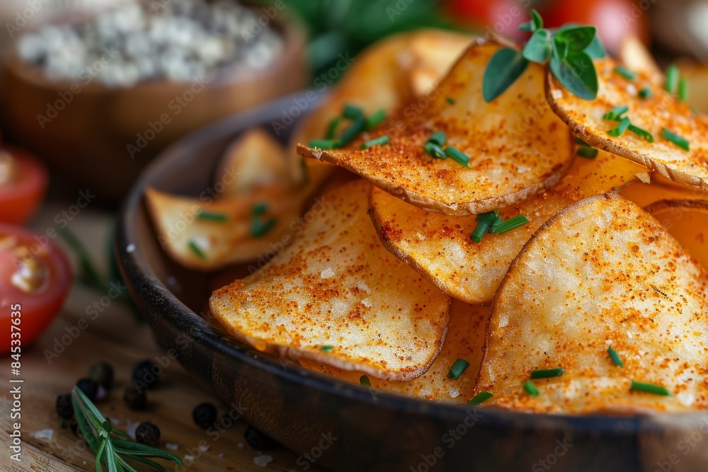 A bowl of spiced potato chips with fresh herbs garnishing, styled in a rustic kitchen setting A bowl of spiced potato chips with fresh herbs garnishing, styled in a rustic kitchen setting