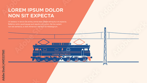 Electric locomotive, rails and contact network. Background for a presentation, flyer, brochure or booklet