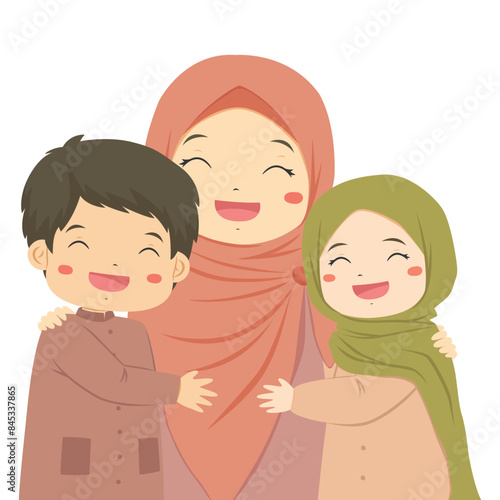 Happy Muslim son and daughter hugging their mother. Parent and children cartoon character vector