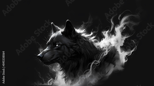 Black wolf in a cloud of white smoke