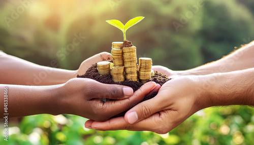 green economic development concept, two people hand holding a stack of gold coin with soil and a sprout of green plant come out in the top with bokeh blurry background