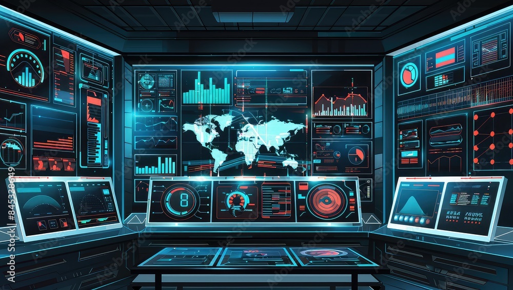 A room packed with numerous computer monitors displaying various screens. A room packed with numerous computer monitors displaying various screens.