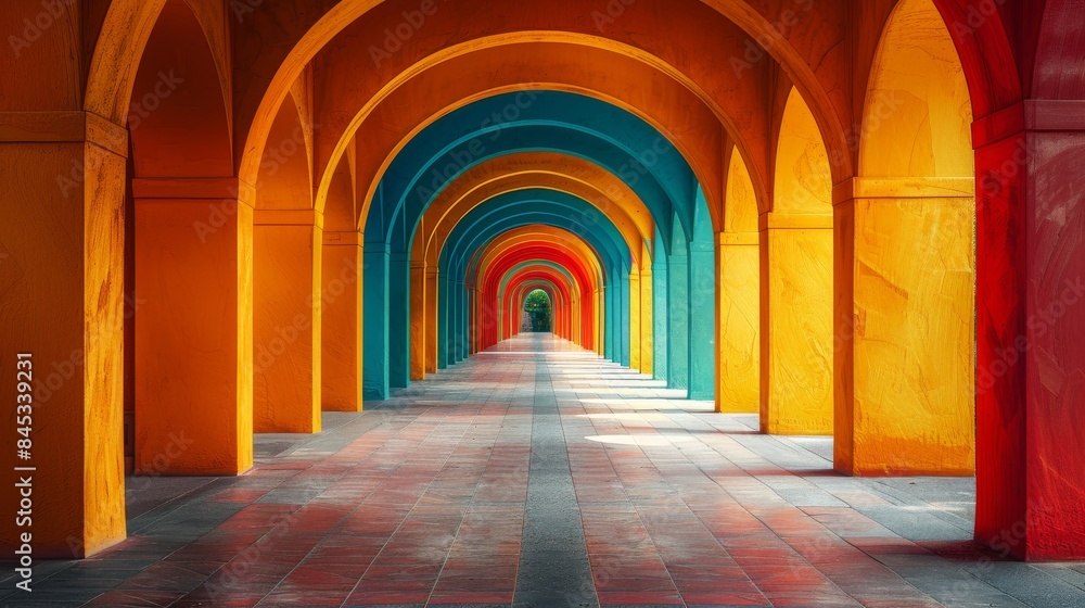 A captivating view of a hallway with colorful arched ceilings in a rainbow pattern leading to a serene vanishing point A captivating view of a hallway with colorful arched ceilings in a rainbow pattern leading to a serene vanishing point