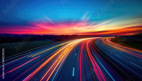 The highway comes to life in a blur of motion and light as cars streak past leaving behind a mesmerizing trail of vibrant colors.