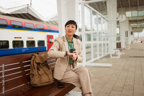 Asian businesswoman checking the time on her wristwatch at the train station