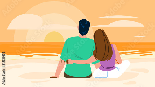 love watching sunrise couple vector. woman sea, sun man, family romance love watching sunrise couple character. people flat cartoon illustration