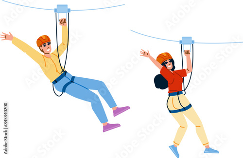 line zipline vector. park rope, zip harness, family outline line zipline character. people flat cartoon illustration