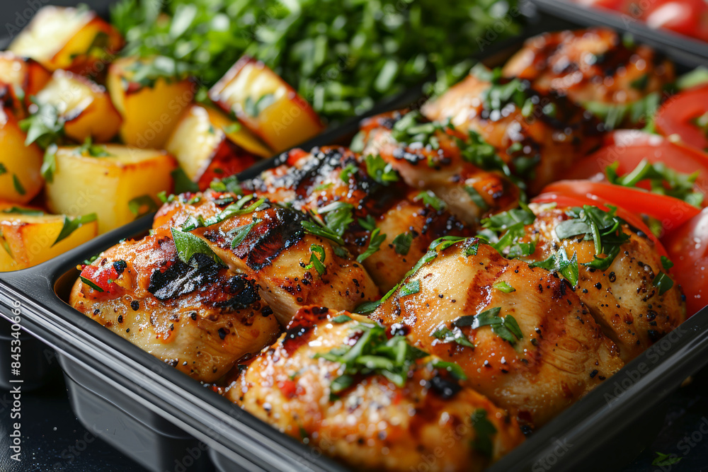Grilled chicken with roasted vegetables in a black tray, great for healthy meal prep and balanced diet. Grilled chicken with roasted vegetables in a black tray, great for healthy meal prep and balanced diet.