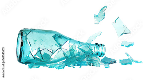 A broken blue glass bottle laying on its side, isolated on  white background. photo