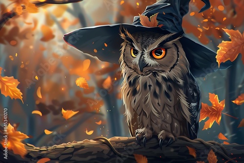 vector illustration of a funny owl in a witch hat celebrates halloween photo
