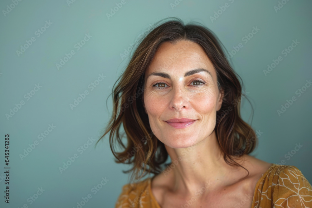 A close up portrait of a woman with a subtle smile A close up portrait of a woman with a subtle smile