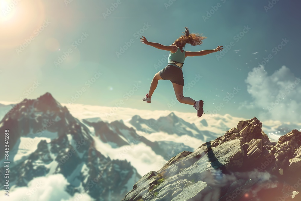 athletic woman jumping from one peak to another athletic woman jumping from one peak to another