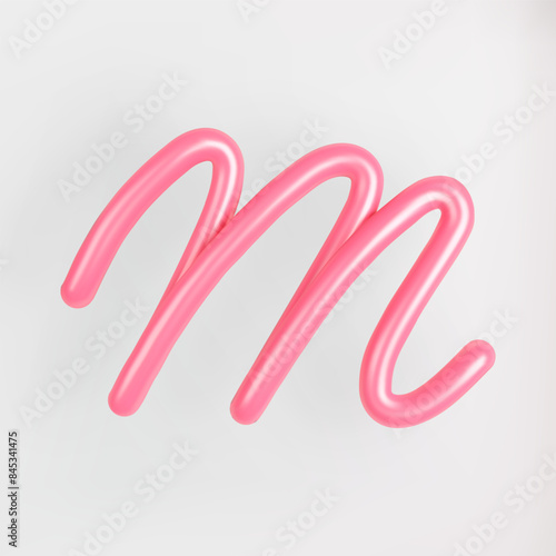 3D Pink Script Uppercase Letter M on light background. Cute Cursive Bubble typography symbol vector illustration.