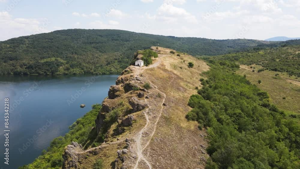 Aerial view of church of Saint John the Baptist and Pchelina Reservoir, Pernik Region, Bulgaria Aerial view of church of Saint John the Baptist and Pchelina Reservoir, Pernik Region, Bulgaria