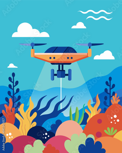 The solarpowered drone zeroed in on a delicate coral reef capturing stunning images of marine life without causing any harm or pollution.. Vector illustration
