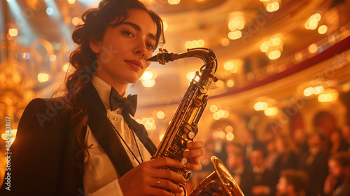 woman playing saxophone in ...