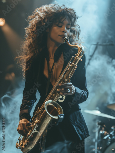 woman playing saxophone in ...