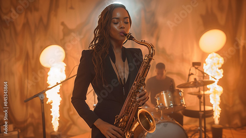 woman playing saxophone in ...