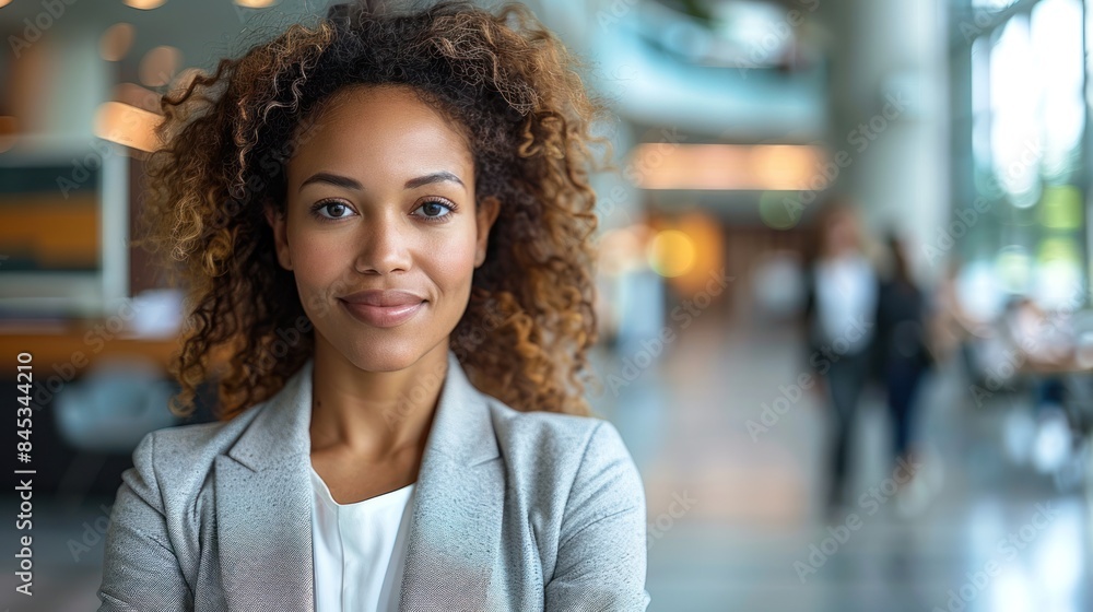 Portrait of a woman with curly hair and a confident expression, standing in a modern office setting Portrait of a woman with curly hair and a confident expression, standing in a modern office setting