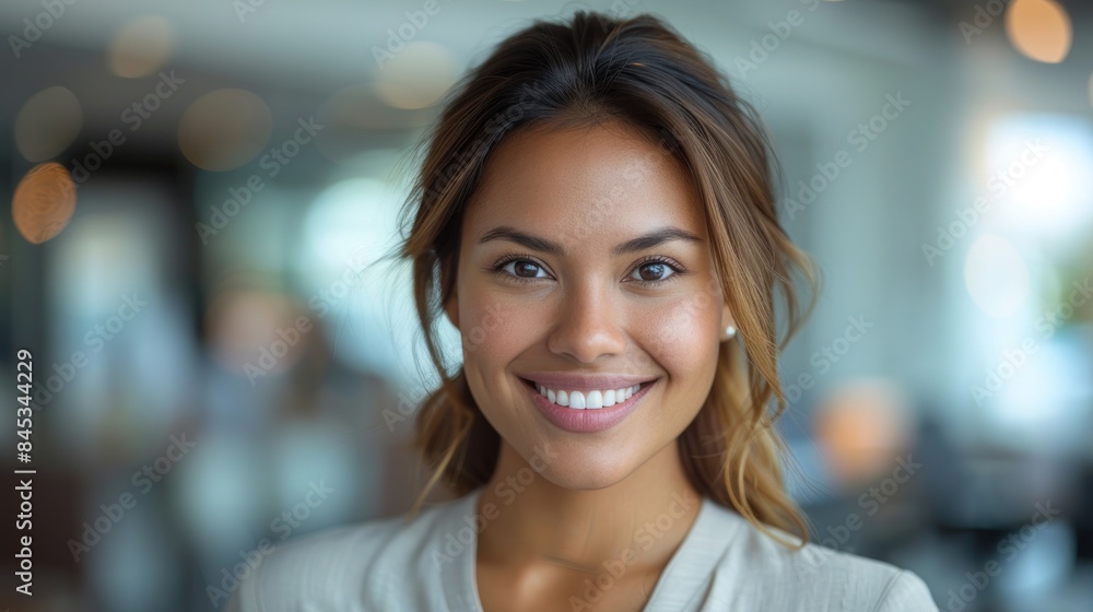 A woman with warm brown eyes and a bright smile looks directly at the camera, her face illuminated by the soft light of a modern city A woman with warm brown eyes and a bright smile looks directly at the camera, her face illuminated by the soft light of a modern city