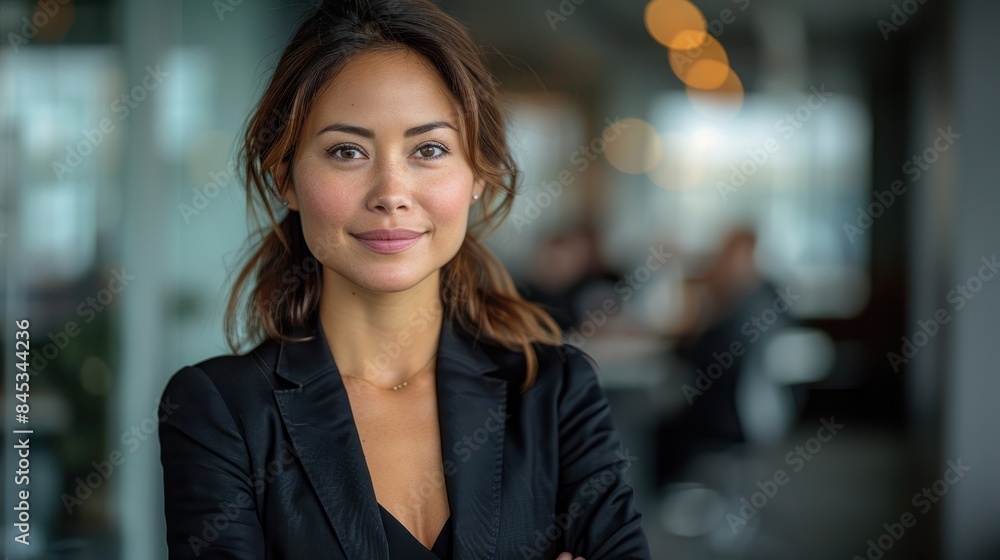 A woman in a black blazer poses confidently in an office setting A woman in a black blazer poses confidently in an office setting