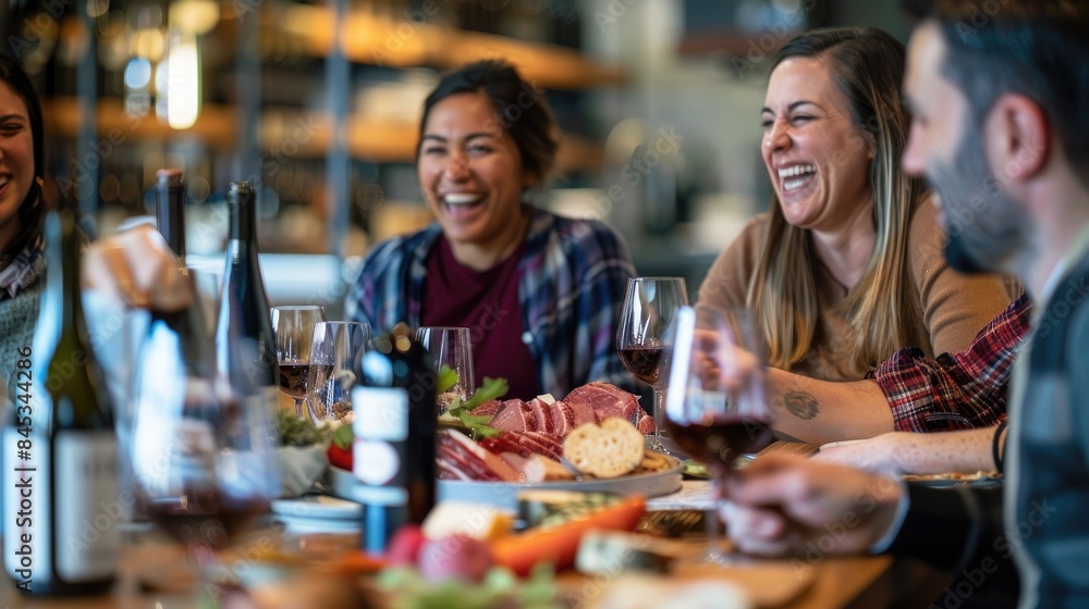 Happy group of friends having fun together at the dining table with wine and food in the restaurant or bar Happy group of friends having fun together at the dining table with wine and food in the restaurant or bar