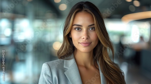 Wallpaper Mural A woman in a blazer stands in a modern office setting, smiling softly at the camera Torontodigital.ca