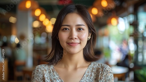 A young woman smiles warmly in a cafe setting, bathed in the soft glow of hanging lights