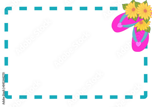 cornice con infradito, gerbere gialle-grafica vettoriale estate-tema spiaggia e mare-colore giallo, verde, azzurro, rosa -ideale per sublimazione,scrapbooking, presentazione, slide, 