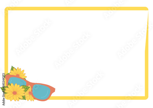cornice con gerbere gialle, occhiali da sole-grafica vettoriale estate-tema spiaggia e mare-colore giallo, verde, arancione -ideale per sublimazione,scrapbooking, presentazione, slide, 
