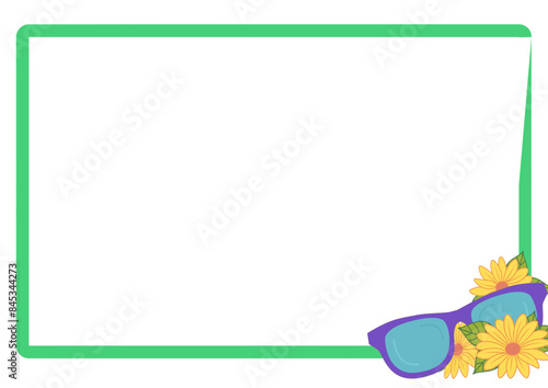 cornice con gerbere gialle, occhiali da sole-grafica vettoriale estate-tema spiaggia e mare-colore giallo, verde, viola -ideale per sublimazione,scrapbooking, presentazione, slide, 