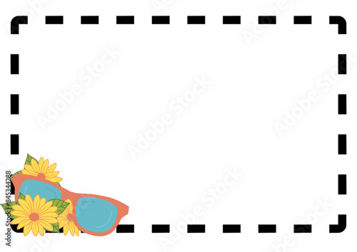 cornice con gerbere gialle e occhiali da sole -grafica vettoriale estate-tema spiaggia e mare-colore giallo, arancione -ideale per sublimazione,scrapbooking, presentazione, slide, 