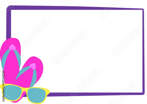 cornice con infradito e occhiali da sole-grafica vettoriale estate-tema spiaggia e mare-colore giallo, viola e rosa -ideale per sublimazione,scrapbooking, presentazione, slide, 