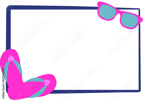 cornice con infradito e occhiali da sole-grafica vettoriale estate-tema spiaggia e mare-colore viola e rosa -ideale per sublimazione,scrapbooking, presentazione, slide, 
