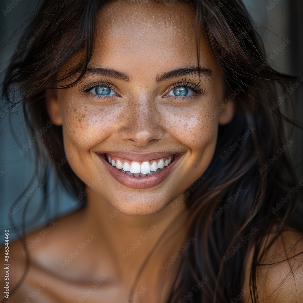 A close up portrait of a woman with blue eyes and freckles, smiling joyously A close up portrait of a woman with blue eyes and freckles, smiling joyously
