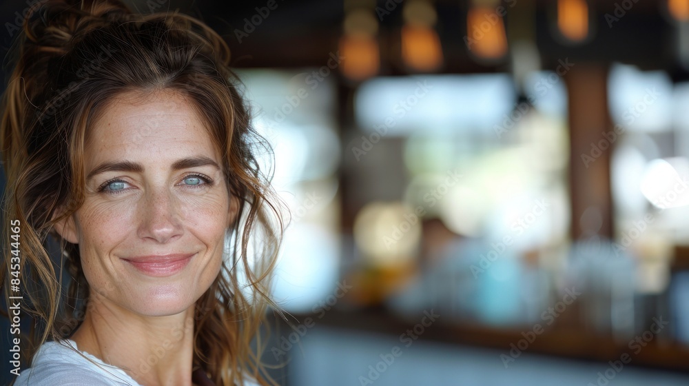 A woman with long brown hair smiles gently, with the warm afternoon light illuminating her face A woman with long brown hair smiles gently, with the warm afternoon light illuminating her face