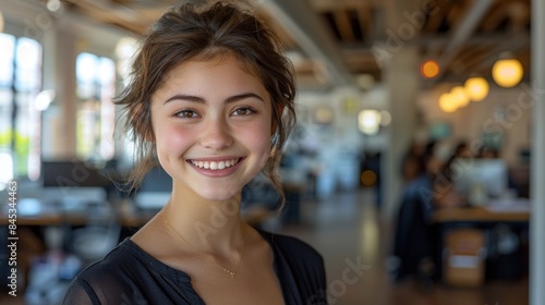 A young woman with a bright smile looks directly at the camera in an office setting