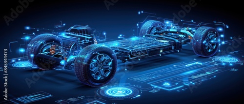 A digital rendering of an electric car chassis illuminated with blue glow, showcasing its intricate inner workings