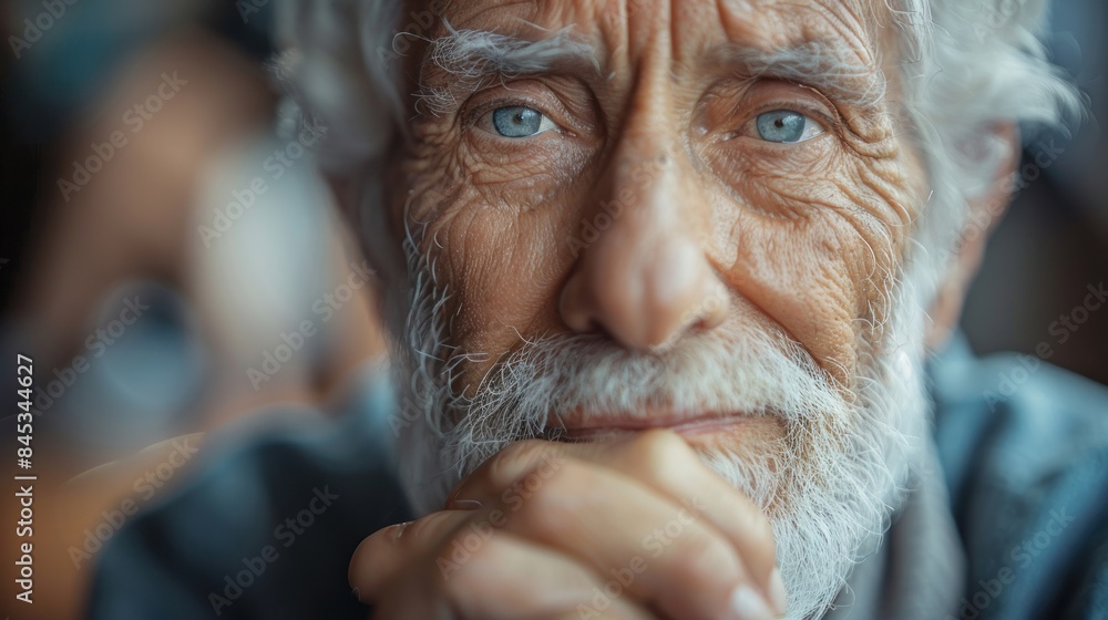 A close-up portrait of an elderly man with a thoughtful expression, his deep blue eyes gazing into the distance A close-up portrait of an elderly man with a thoughtful expression, his deep blue eyes gazing into the distance